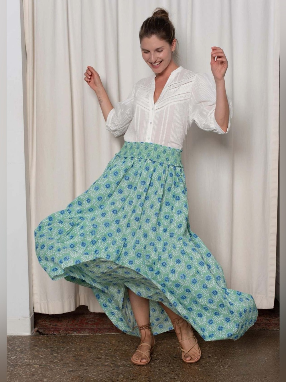 Ophelia & Indigo Smocked Waist Floral Maxi Skirt - Green and Blue